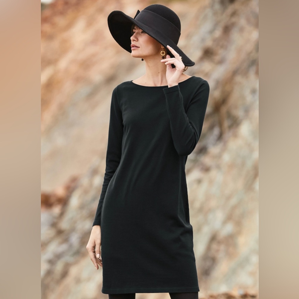 Peruvian Connection Lara Sheath Dress LBD knit black pima modal Sz S $229